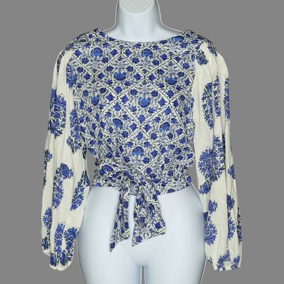 Nicole Miller M NEW Blue Floral Print Linen Cropped Balloon Sleeve Top - Picture 1 of 9